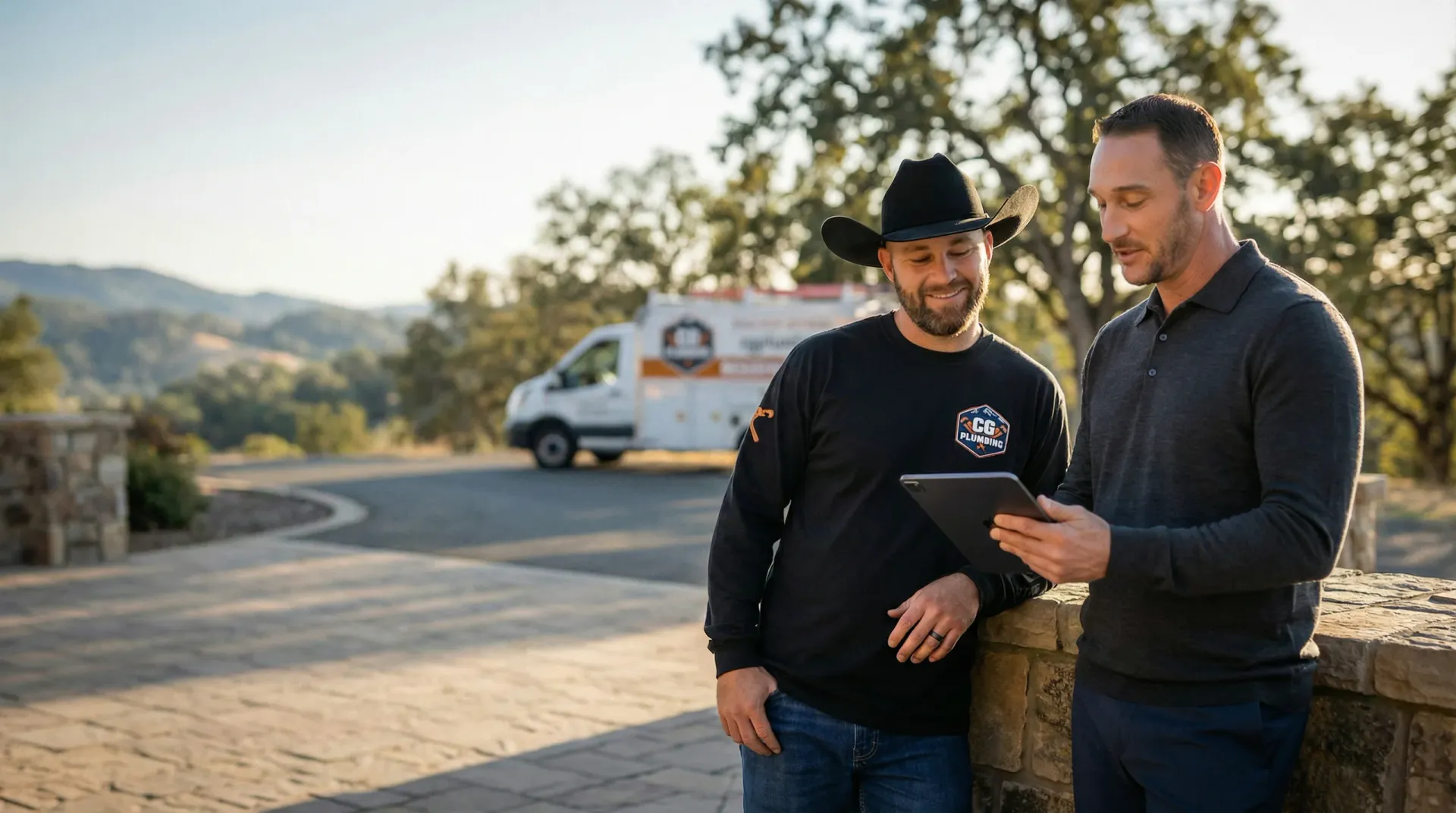 Clinton Goodrich reviewing a marketing plan on a tablet with the owner of CG Plumbing