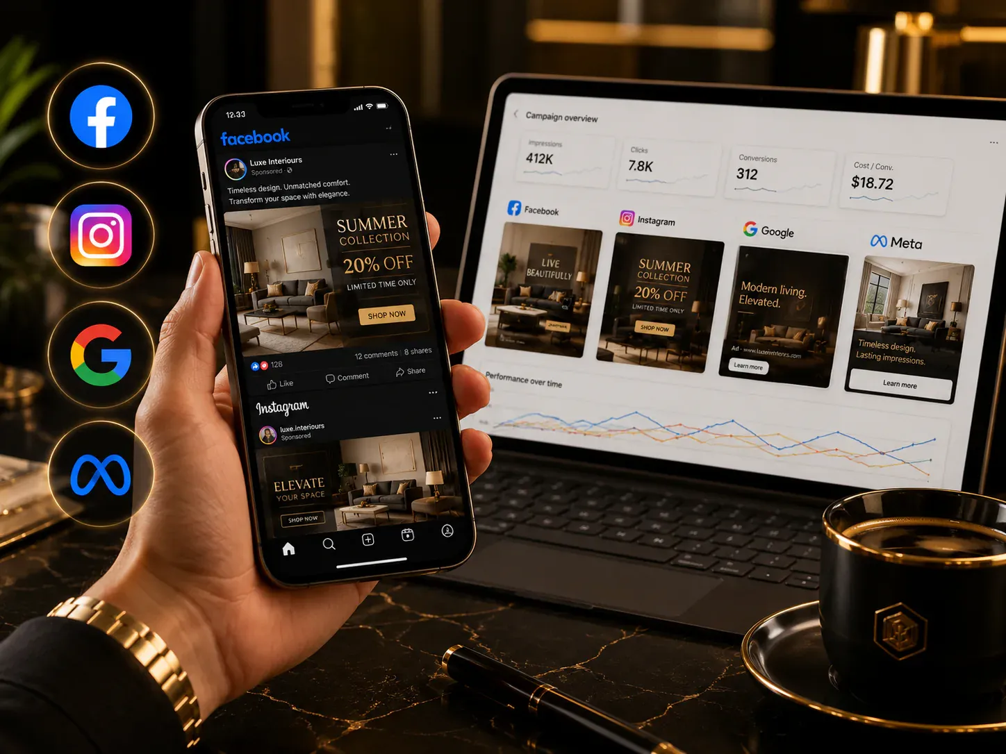 A hand holding a phone showing a sponsored business ad in the Facebook and Instagram feeds, with a campaign overview dashboard open on a laptop behind it