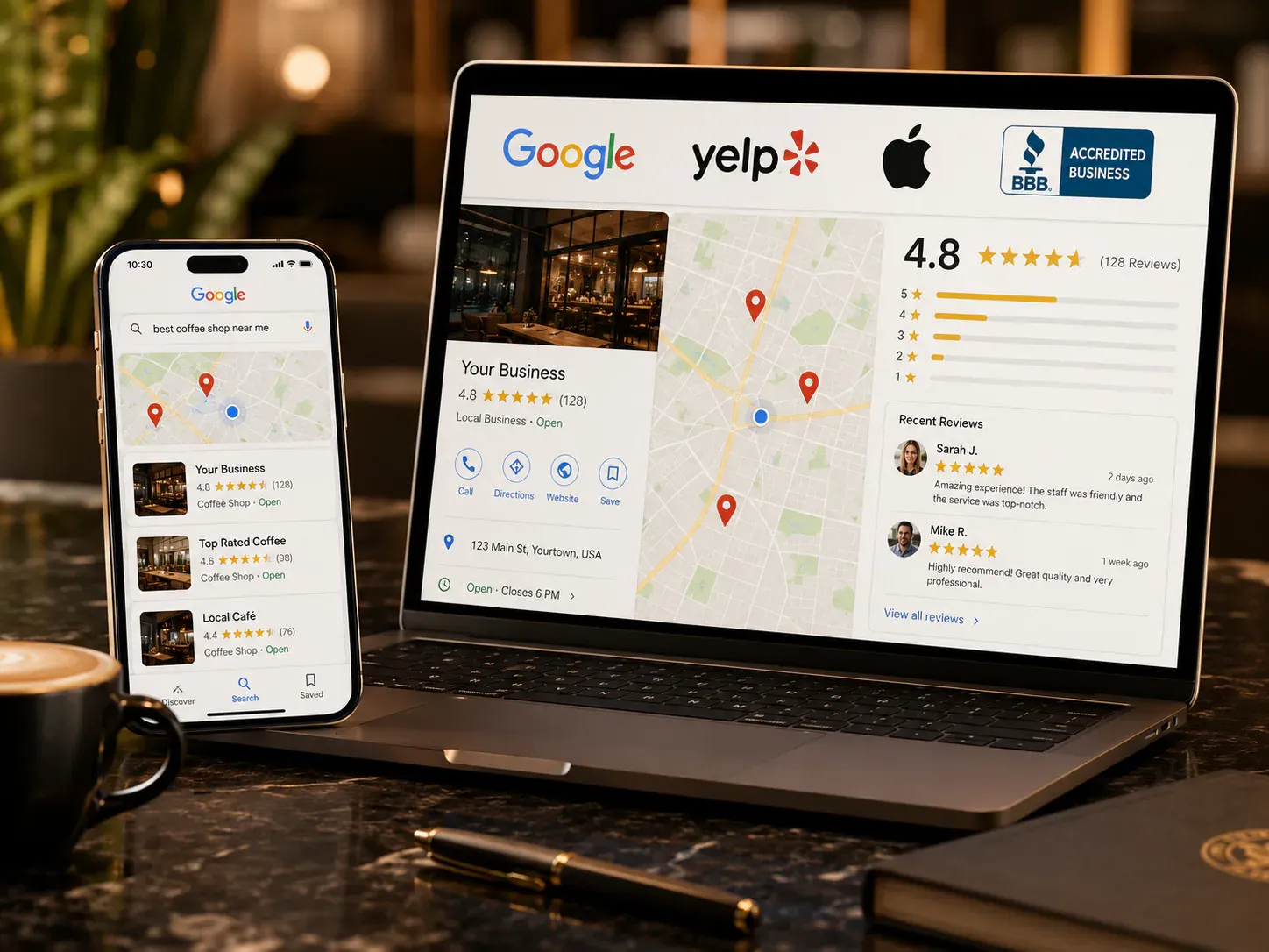 A business information dashboard holding name, address, phone, and hours accurate across platforms