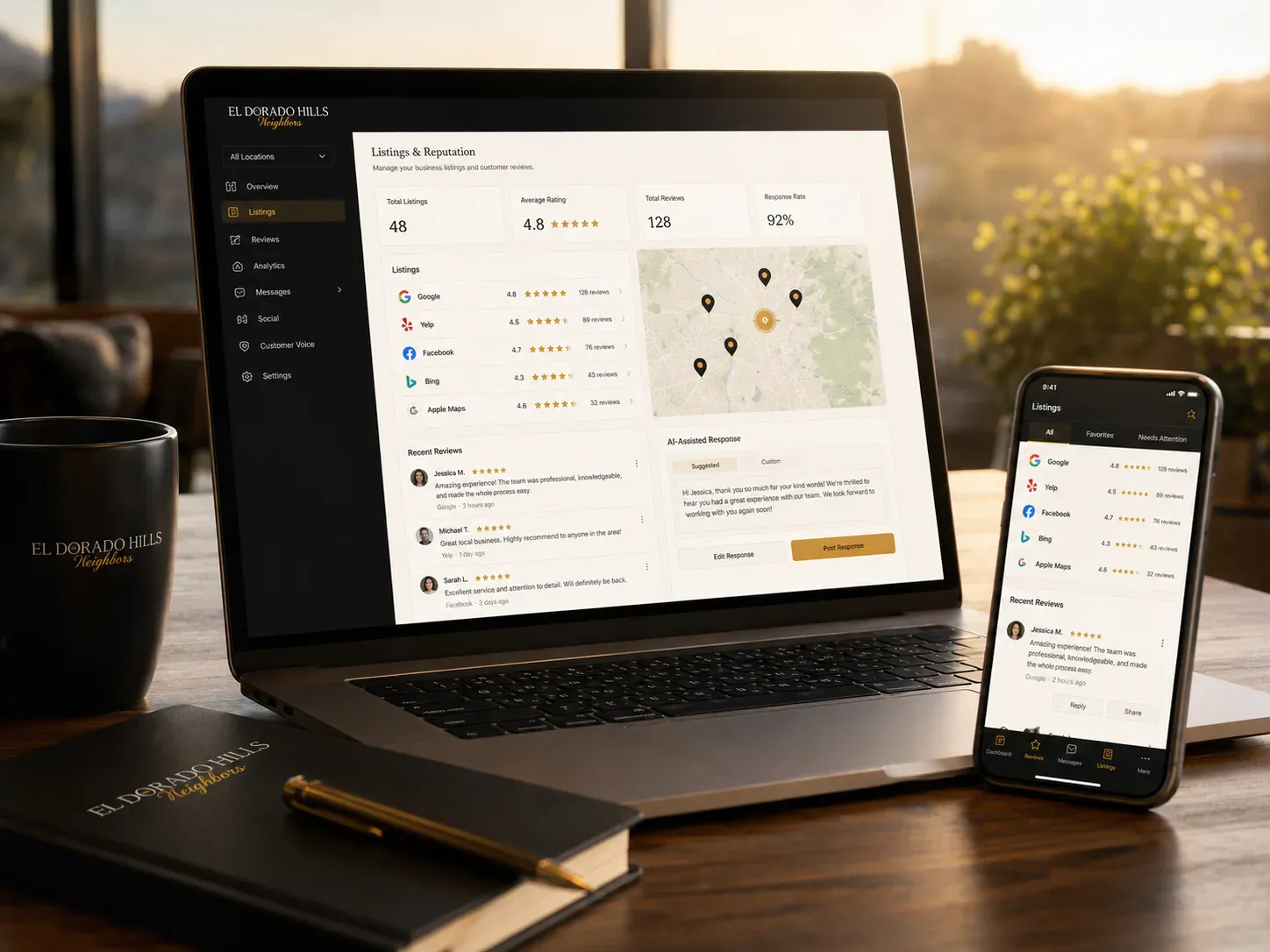 A local business profile, map result, and star rating shown side by side the way a customer compares them