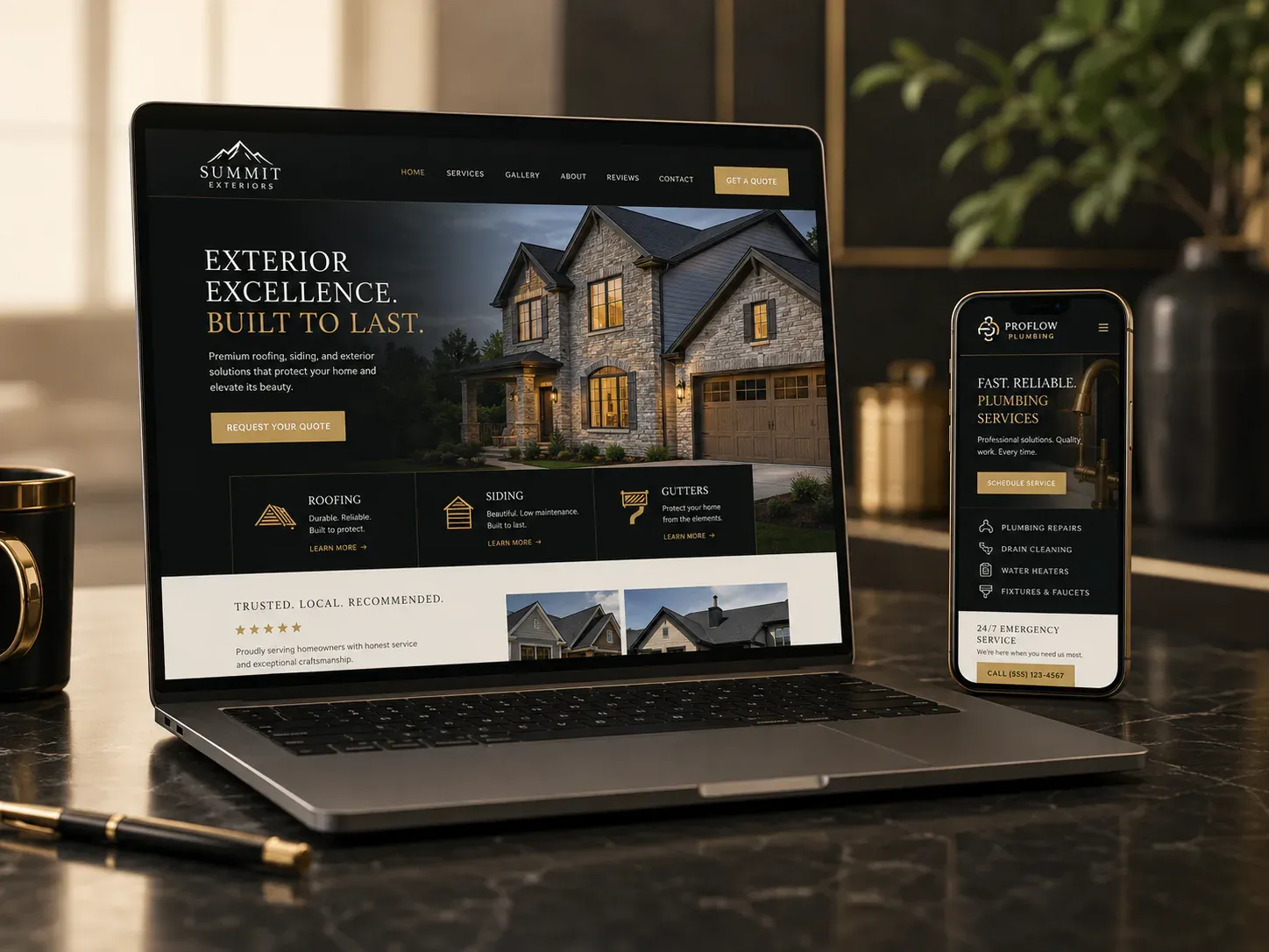 A local business website shown side by side on a laptop screen and a mobile phone