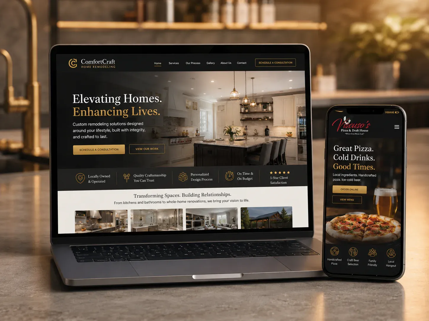 A conversion-focused local business website shown on a laptop and a phone