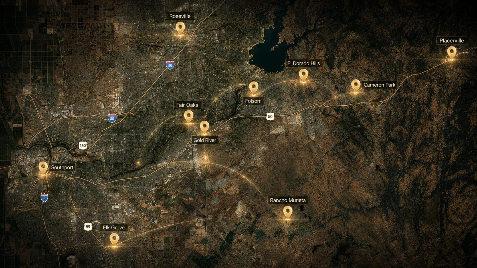 Satellite map of the region with markers on El Dorado Hills, Roseville, Folsom, Fair Oaks, Gold River, Southport, Elk Grove, Rancho Murieta, Cameron Park and Placerville