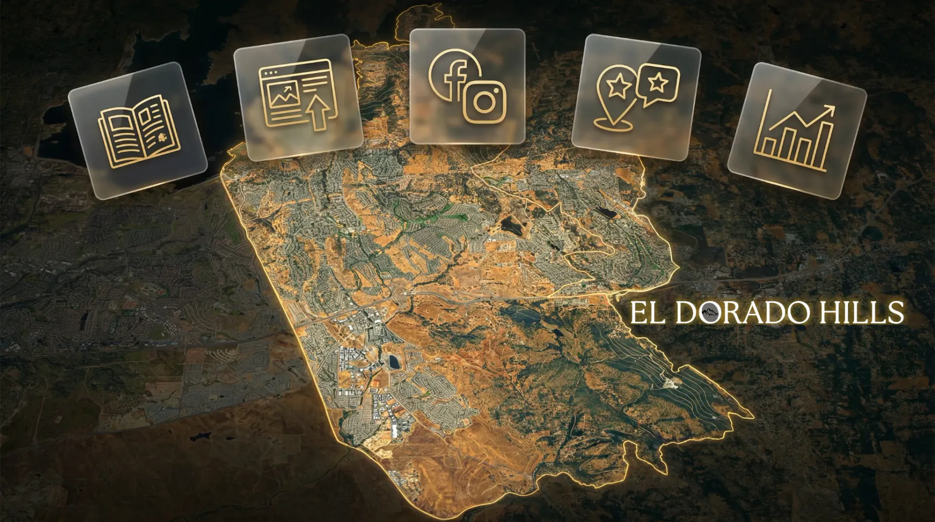 A satellite map with the El Dorado Hills boundary traced in gold, with icon tiles above it for the magazine, a website, Facebook and Instagram, listings and reviews, and reporting