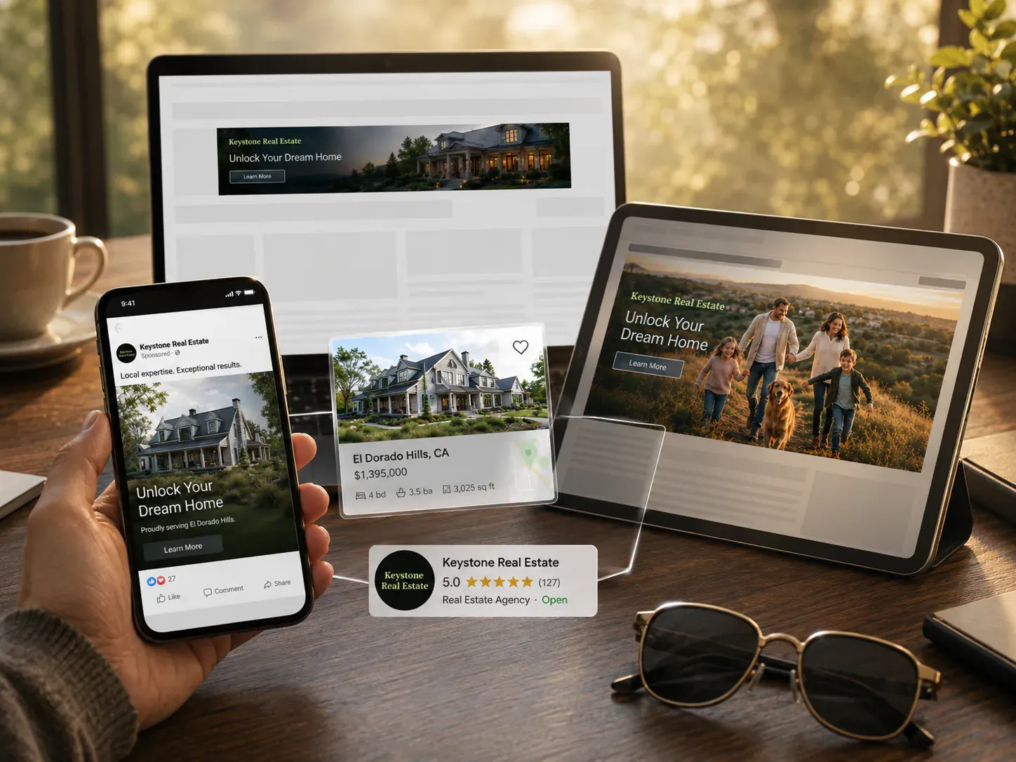 The same local business ad appearing as a banner on a laptop article page, in a phone social feed, and on a tablet beside a search listing card