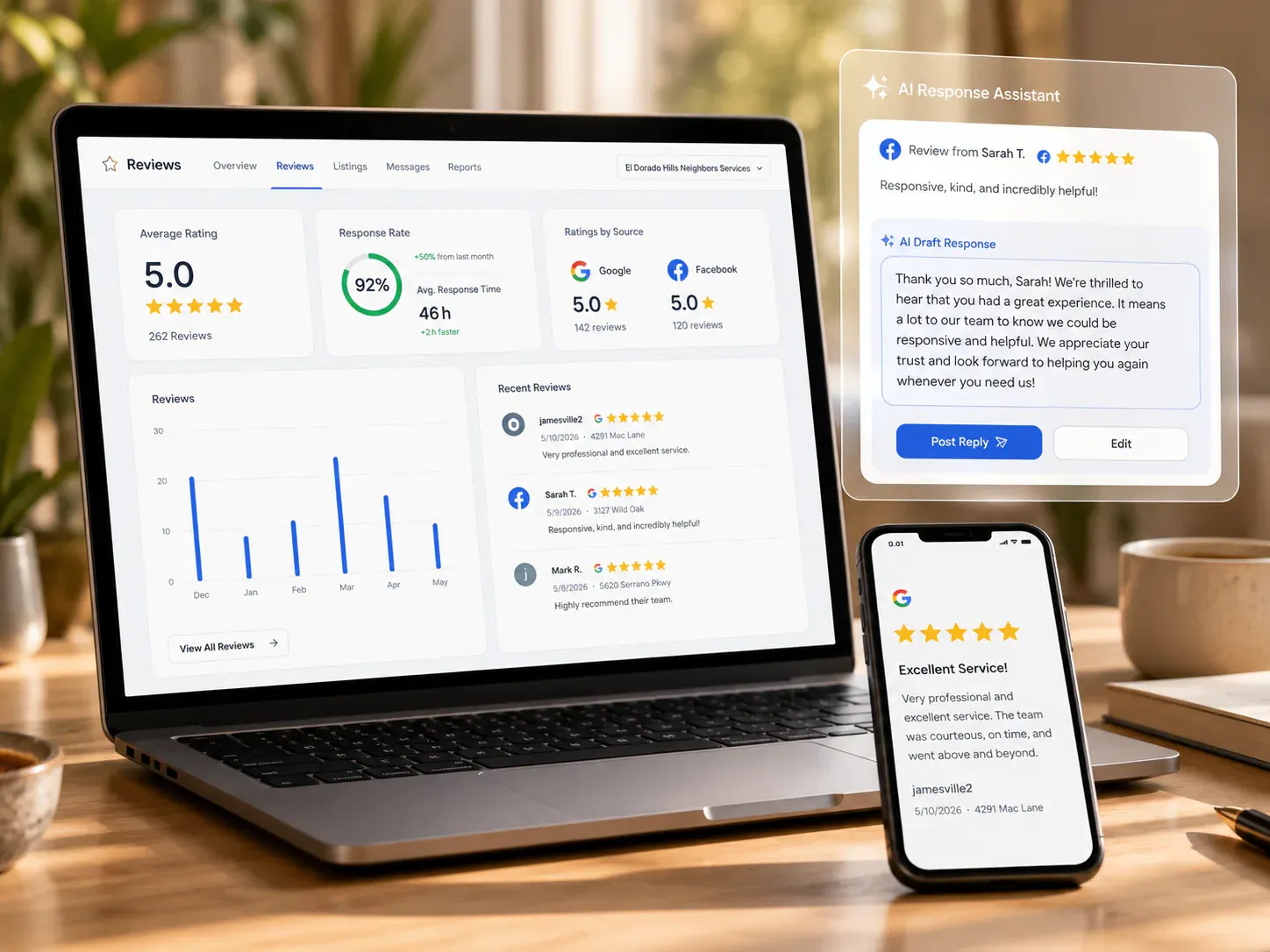 Customer reviews for a local business alongside AI-generated responses to them