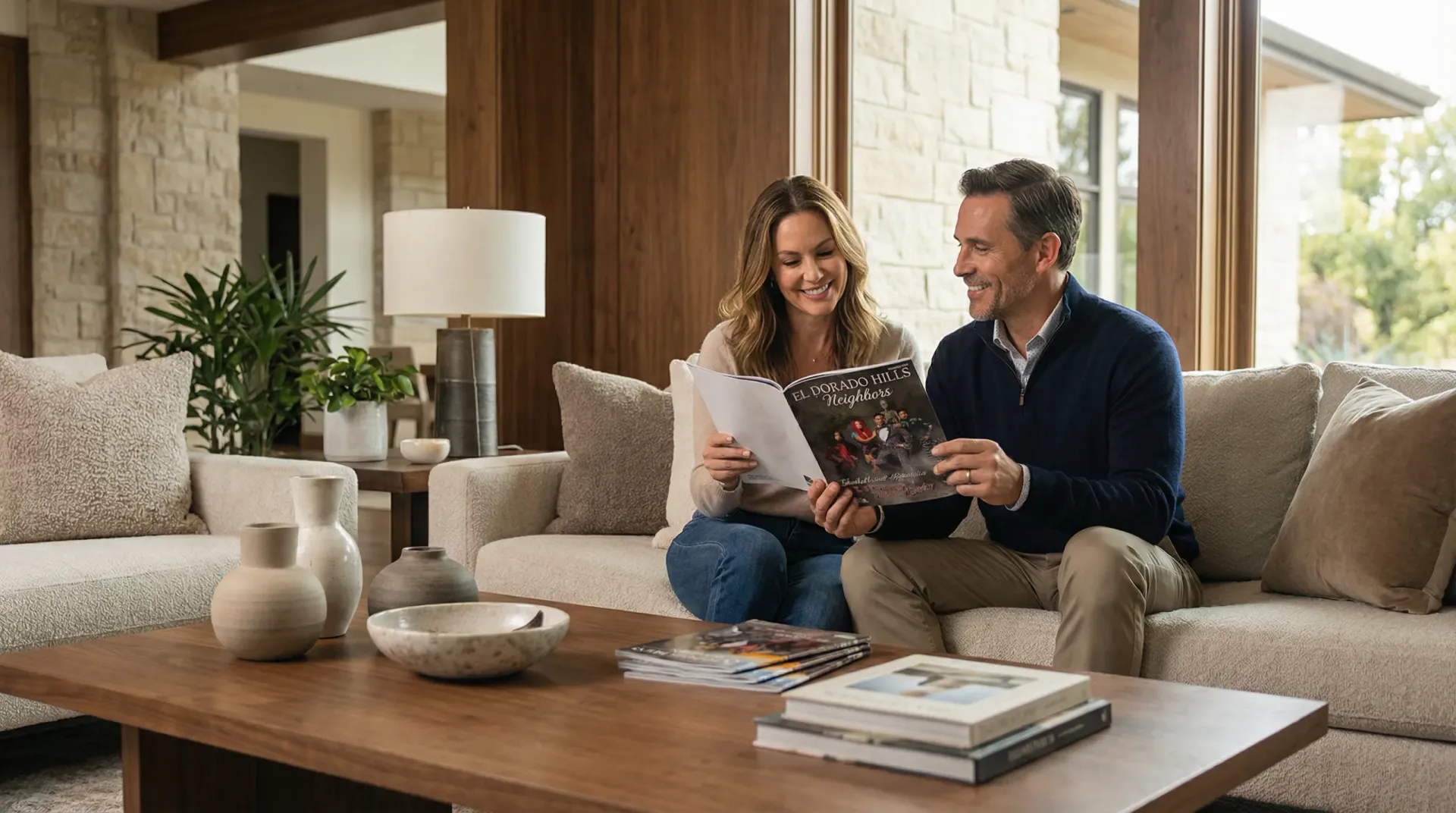 A couple reading El Dorado Hills Neighbors together on the couch of their living room