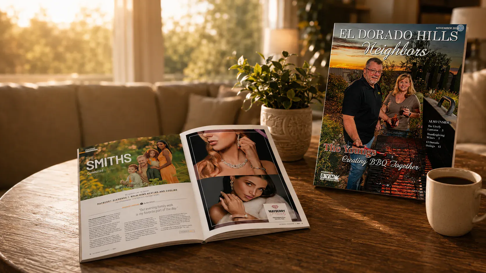An El Dorado Hills Neighbors issue open on a coffee table in a sunlit living room, showing a resident family feature beside a partner&rsquo;s full-page ad
