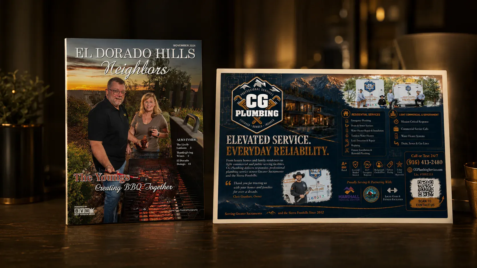An El Dorado Hills Neighbors cover beside CG Plumbing's full-page placement inside the issue