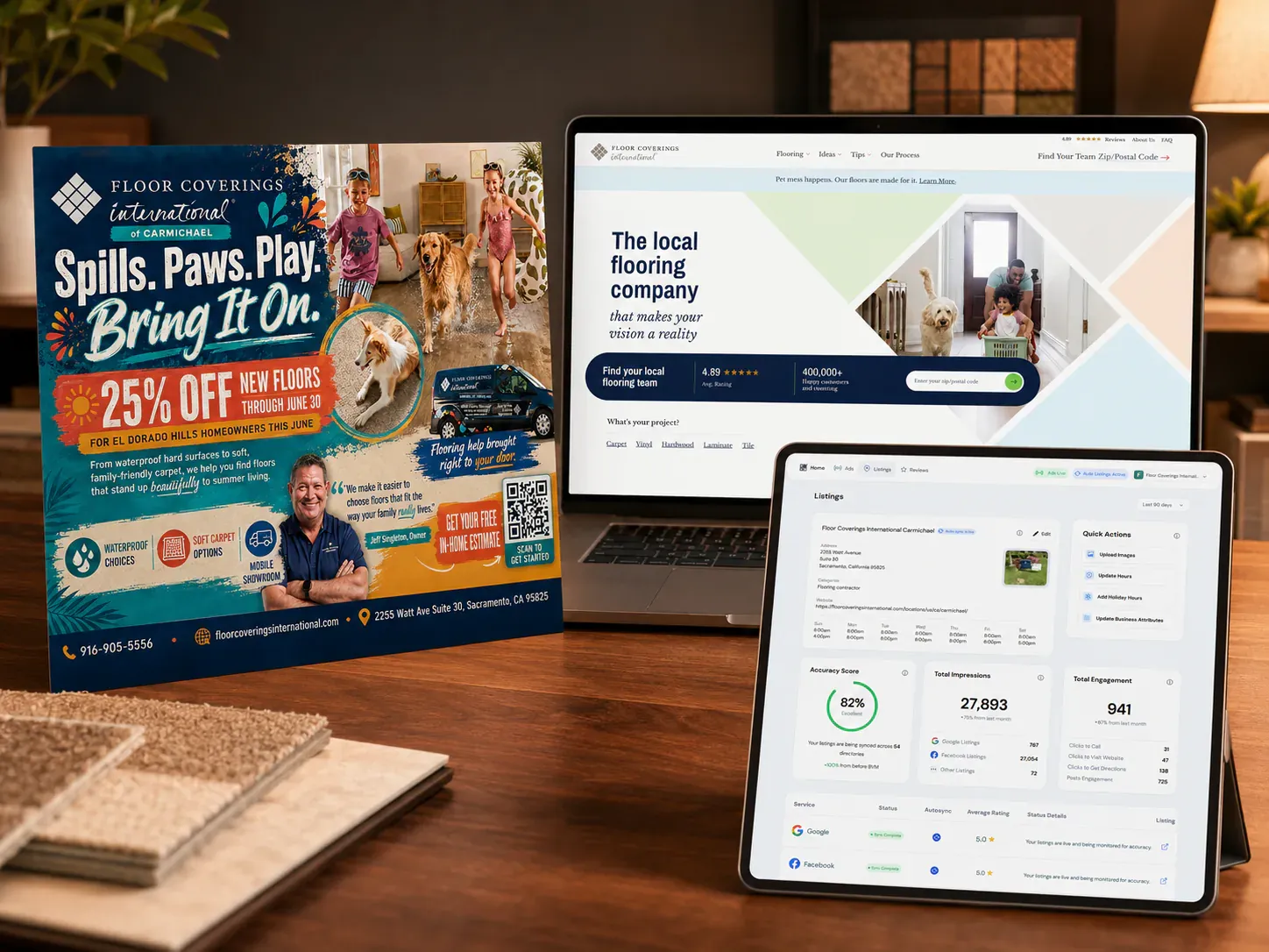 Floor Coverings International of Carmichael campaign card showing the print ad, the website, and the listings dashboard